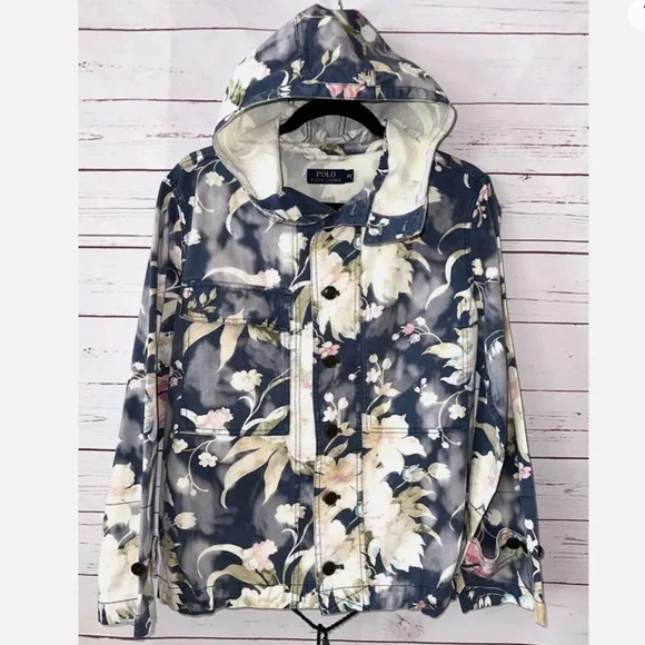 POLO RALPH LAUREN Floral Tie Dye Denim Hood Jacket Blue  Oversized - Picture 2 of 3
